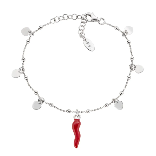 AMEN BRCSHBR3 BRACCIALE CUORI RODIO CON CORNETTO ROSSO IN ARGENTO 925%