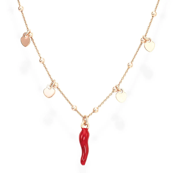 AMEN CLCSHRR COLLANA CON CORNETTO ROSSO E CUORI ROSE' IN ARGENTO 925%