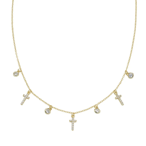 COLLANA AMEN  MULTICHARM DORATA CROCI E ZIRCONI BIANCHI CLMCRGBZ